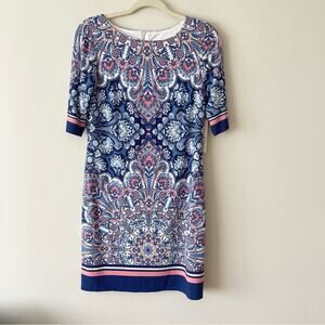 Eliza J 3/4 Sleeve Printed Shift Mini Dress Women’s size 6 Blue White Pink